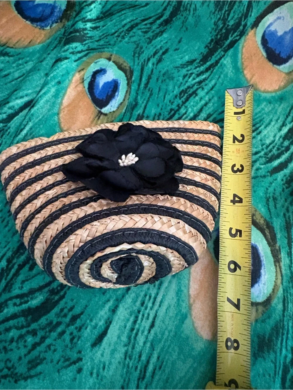 Straw Woven wristlet purse with Black Flower Accent